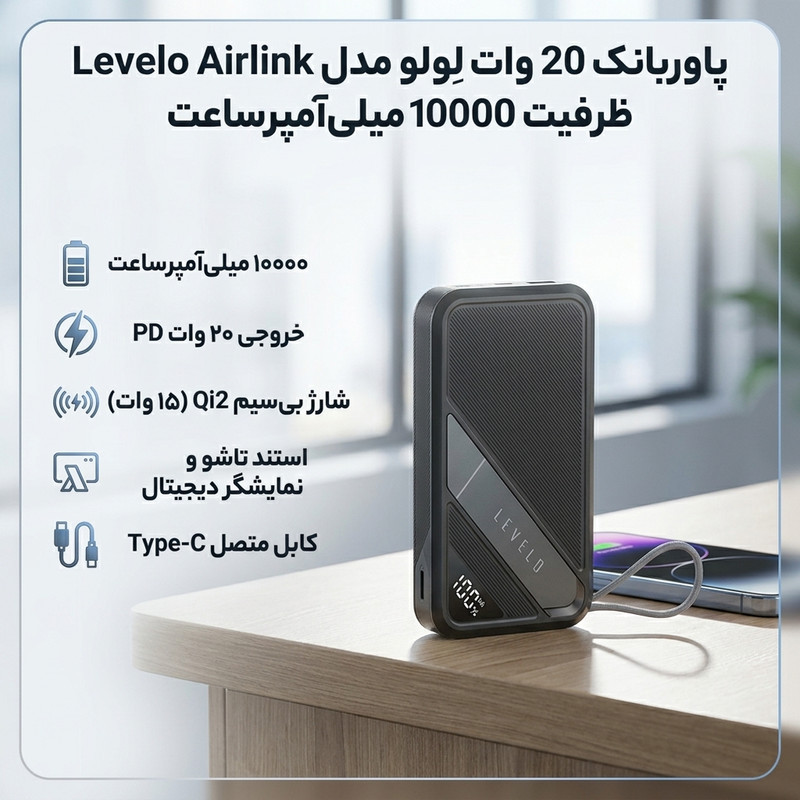 پاوربانک 20 وات لِولو مدل Levelo Airlink ظرفیت 10000 میلی‌آمپرساعت