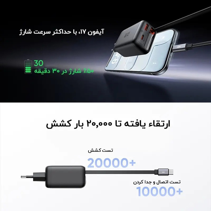 شارژر دیواری 35 وات 3 پورت مک دودو مدل FreeGo CH-1280  با کابل جمع شونده تایپ سی