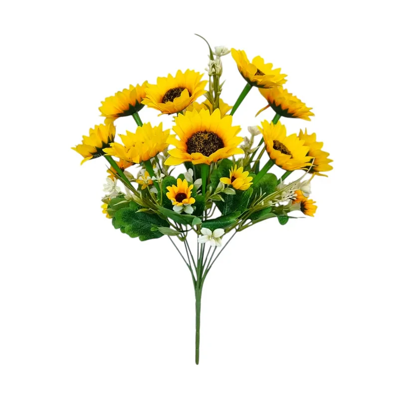 گل مصنوعی بوته آفتابگردان 10 گل، پارچه‌ای، ابعاد 40×23×23 سانتی‌متر، وزن 80 گرم