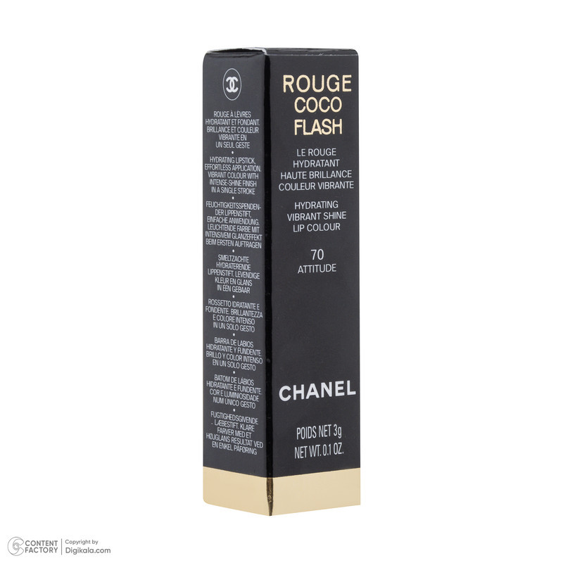 رژ لب شانل مدل rouge coco flash با شماره رنگ 70 و رنگ قرمز، با جلوه براق و ماندگاری 8 ساعت
