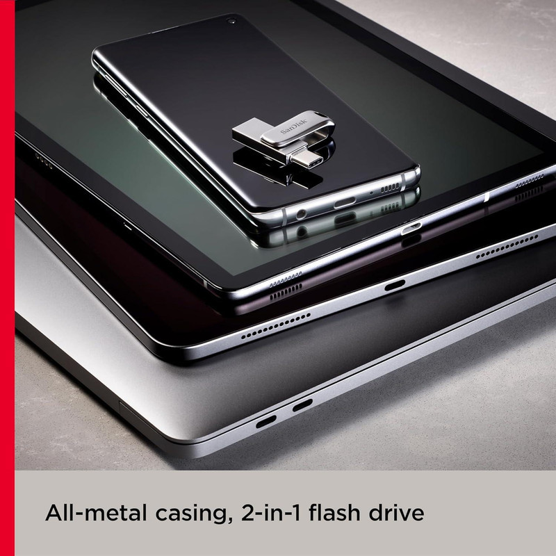 فلش مموری سن دیسک Ultra Dual Drive Luxe ظرفیت 1 ترابایت با دو رابط USB Type-C و USB Type-A، طراحی تاشو، فلزی، سازگار با ویندوز، مک، اندروید و iOS، استاندارد USB 3.2 Gen2