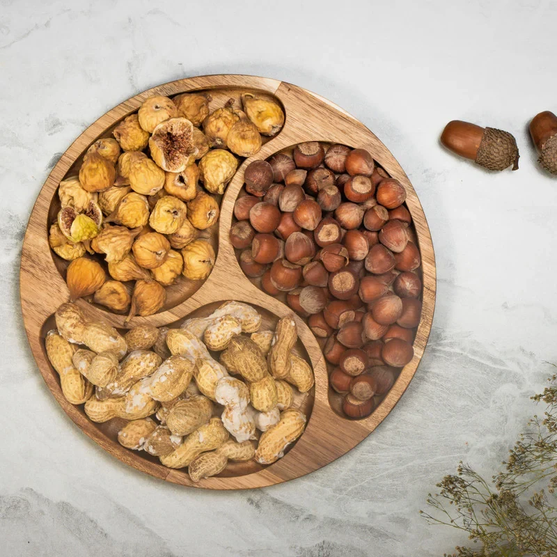 اردوخوری چوبی گردو مدل OD07 با طراحی دایره‌ای، مناسب سرو تنقلات و پذیرایی، سبک و مقاوم، قابلیت شست‌وشو با دست
