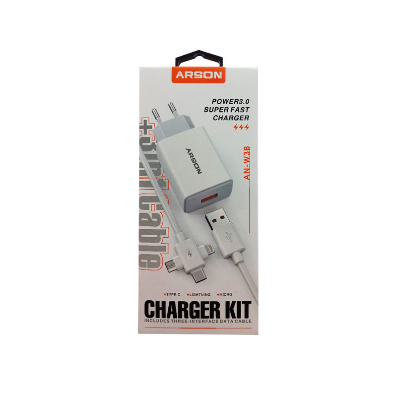 شارژر دیواری 15 وات آرسون مدل AN-W3B همراه کابل USB به لایتنینگUSB-CMicroUSB