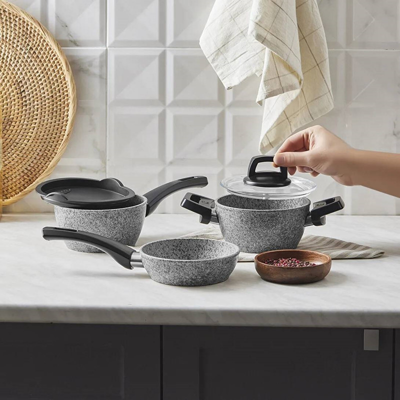 سرویس قابلمه و تابه بیوگرانیتی 5 پارچه کاراجا مدل Grey Stone Mini
