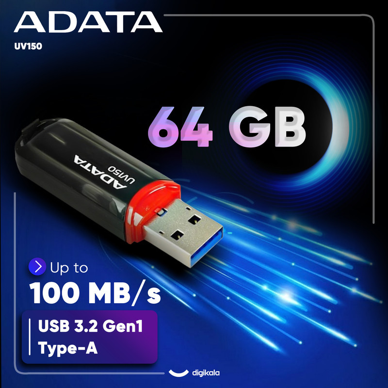 فلش مموری ای دیتا مدل UV150 ظرفیت 64 گیگابایت، رابط USB 3.2 Gen1 با سرعت خواندن 100 مگابایت بر ثانیه، درپوش‌دار، سازگار با ویندوز، مک و لینوکس، مناسب موبایل، تبلت، لپ‌تاپ و تلویزیون