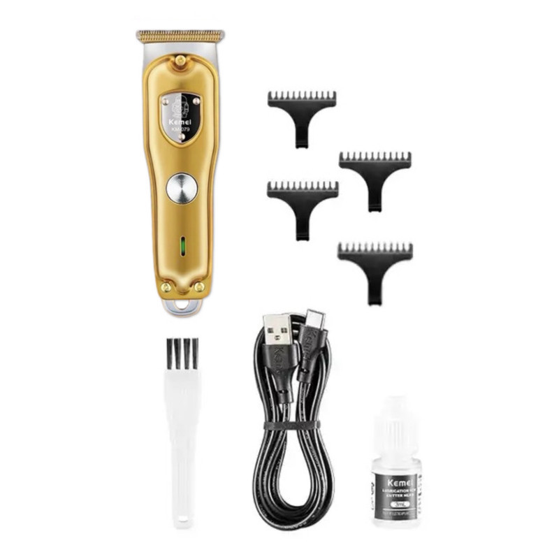 ماشین اصلاح موی صورت کیمی مدل KM-079 با تیغه کربن استیل، باتری 600 میلی‌آمپر، 4 شانه تنظیم طول 1 تا 4 میلی‌متر، استفاده خشک و مرطوب و شارژدهی 100 دقیقه