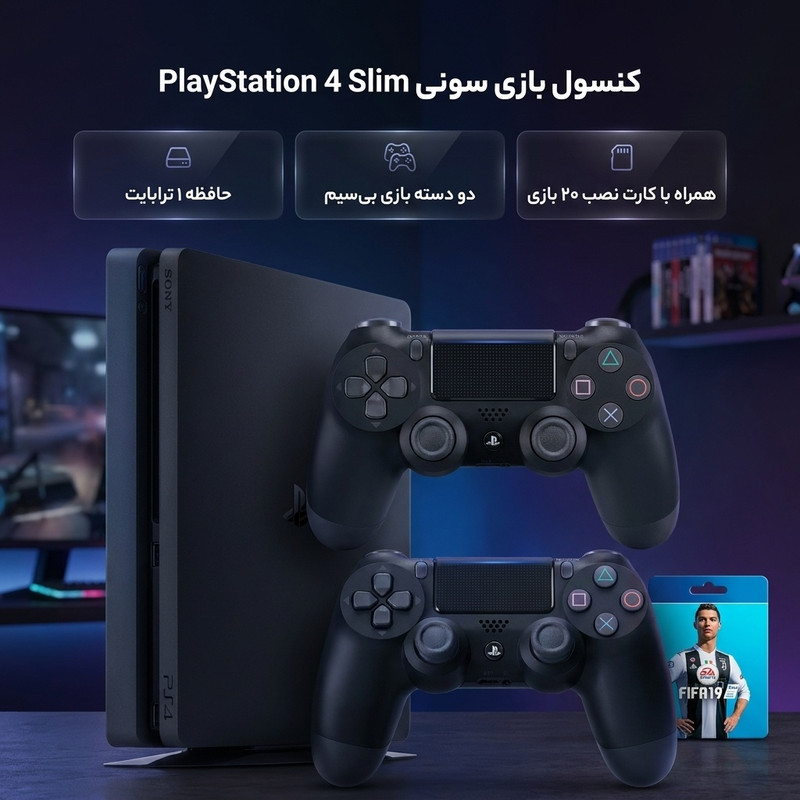 کنسول بازی سونی مدل Playstation 4 Slim ریجن 3 سری CUH-2218B ظرفیت 1 ترابایت به همراه کارت نصب 20 عدد بازی