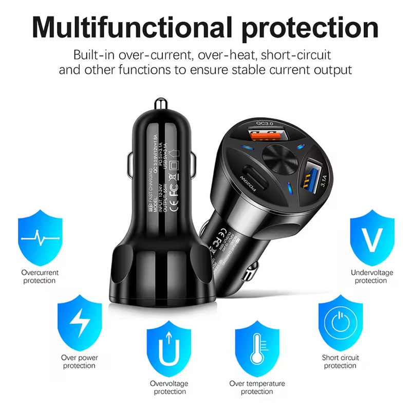شارژر فندکی 55 وات سه پورت مدل MLE-003 به همراه کابل USB-C