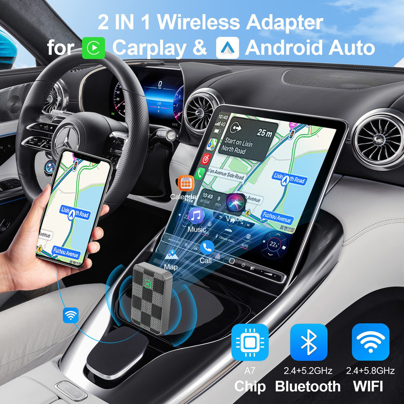 کارپلی و اندروید اتو مدل Wireless CarPlayAndroid Auto به همراه مبدل USB به USB-C و کابل افزایش طول USB