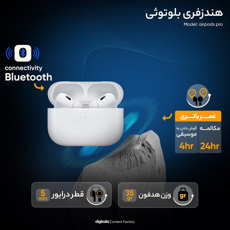 هدفون بلوتوثی مدل AirPods Pro بدون نویز کنسلینگ، درگاه شارژ لایتنینگ، پشتیبانی از فرمان لمسی