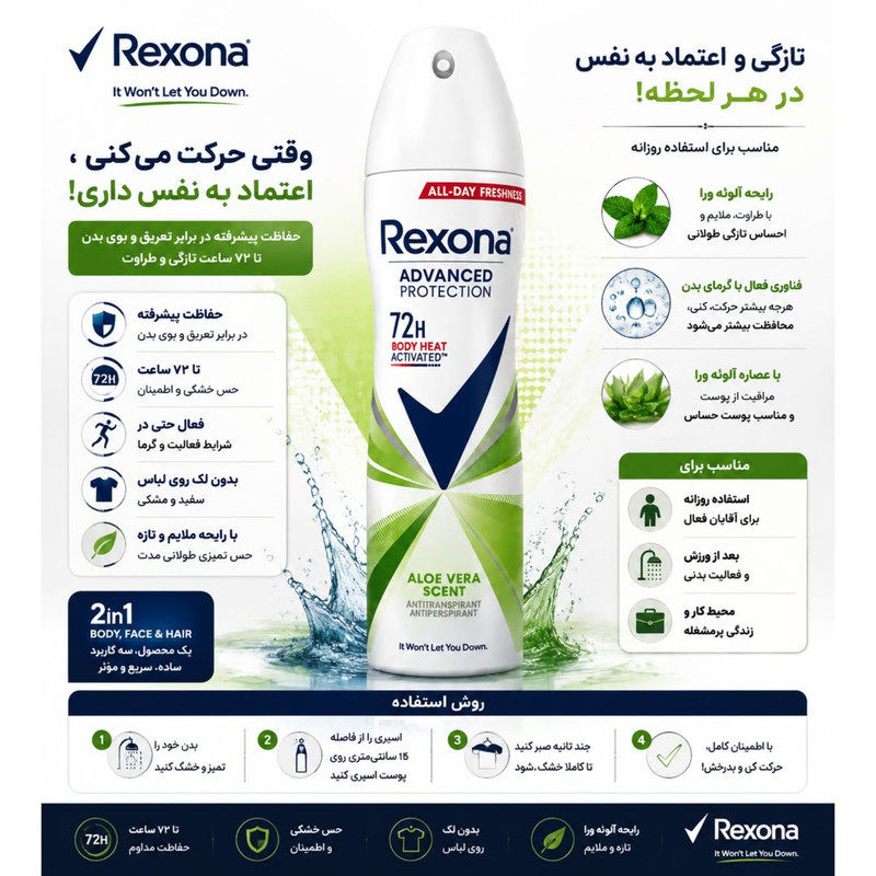 اسپری ضدتعریق زنانه رکسونا مدل Aloe Vera Scent 72H حجم 200 میلی‌لیتر