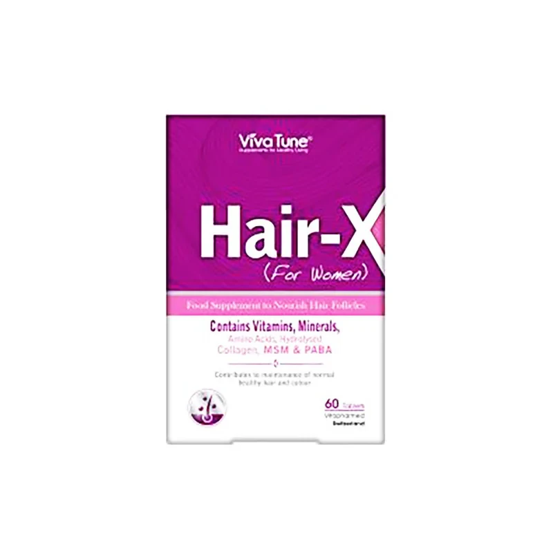 مکمل غذایی تغذیه فولیکول مو ویوا تون مدل Hair-X حاوی ویتامین‌ها، مواد معدنی، آمینو اسید، کلاژن هیدرولیز شده، MSM و PABA بسته 60 عددی