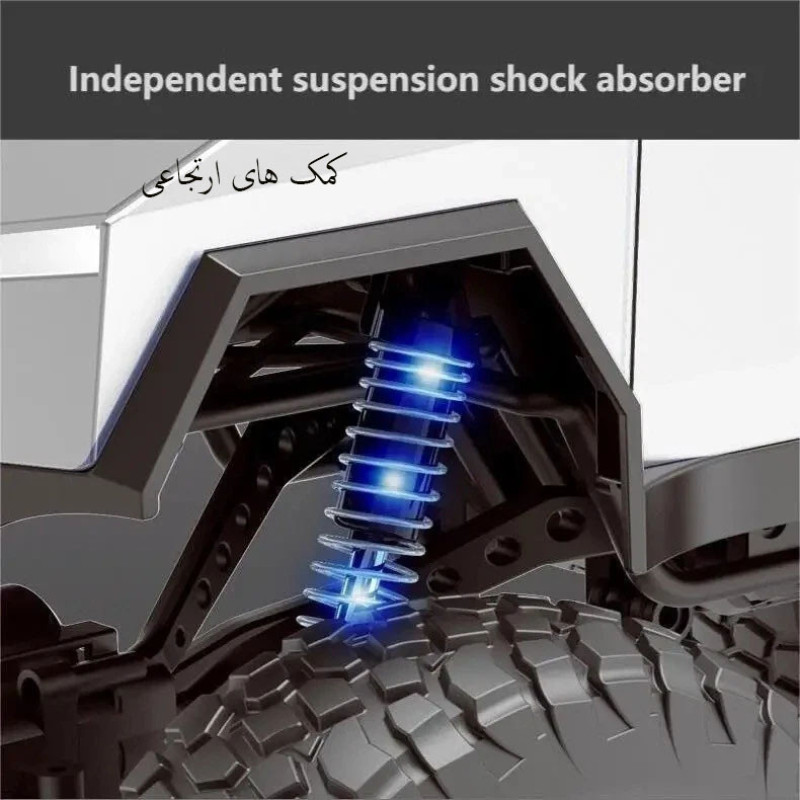 ماشین بازی کنترلی MZ مدل تسلا سایبر تراک بزرگ 1:08 با چهارچرخ محرک 4x4، دو موتور براش، بدنه آلیاژ آلومینیوم، سرعت تا 8 کیلومتر بر ساعت، چراغ LED و باتری شارژی 7.4 ولت با کنترل 2.4 گیگاهرتز