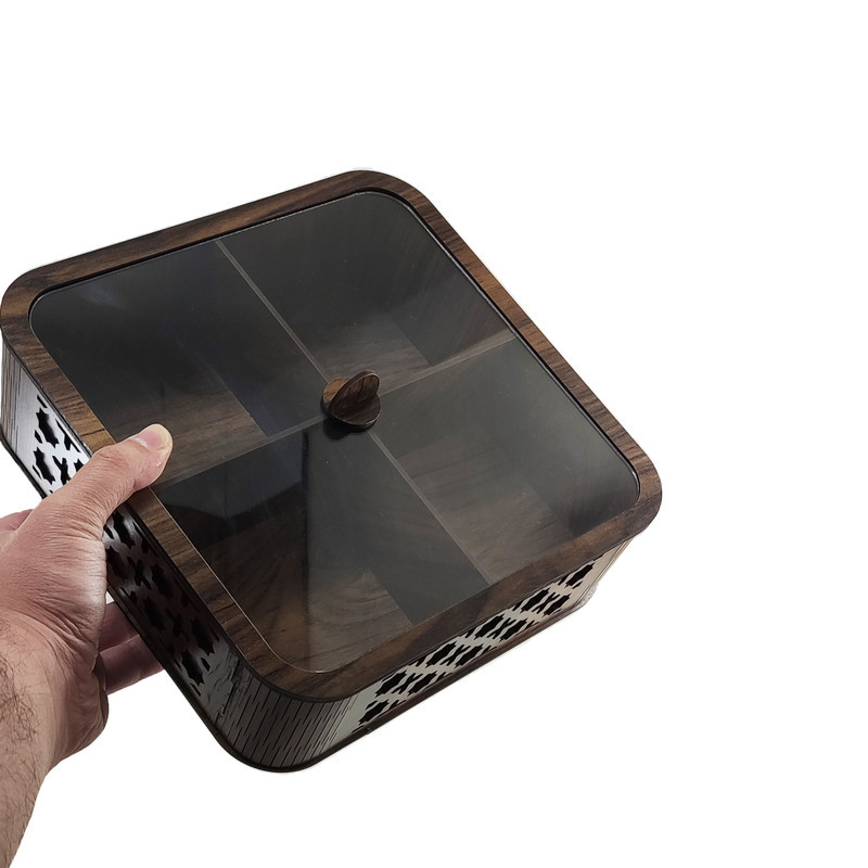 جعبه پذیرایی مدل LZ-1 با بدنه MDF و در پلکسی، مناسب نگهداری آجیل، دمنوش و شکلات، مقاوم در برابر نفوذ گرد و غبار