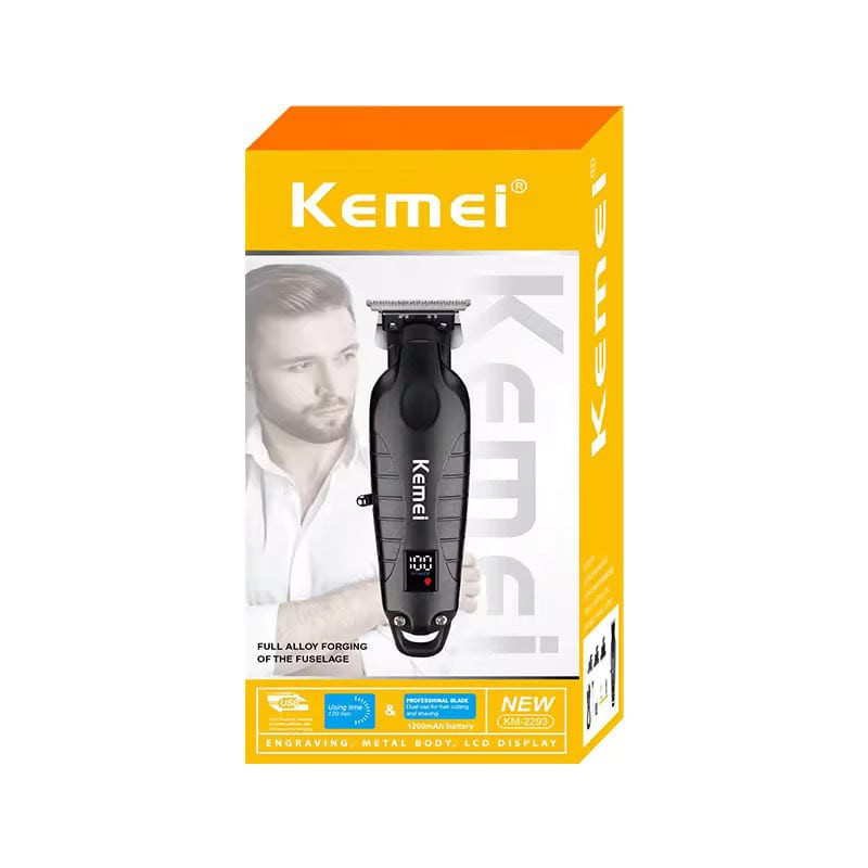 ماشین اصلاح موی سر و صورت کیمی مدل KM-2293 با تیغه کربن استیل خودتیز شونده، موتور 6000 دور در دقیقه، طراحی ارگونومیک، شانه قابل تنظیم 1 تا 3 میلی‌متر و باتری 1200 میلی‌آمپر ساعت با شارژ و عملکرد 180 دقیقه‌ای