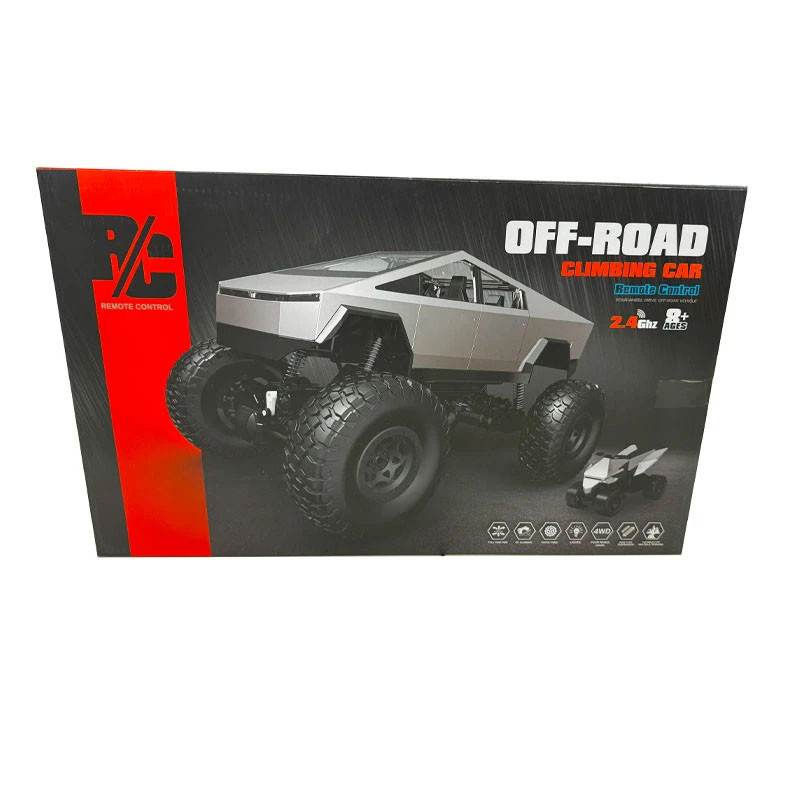 ماشین بازی کنترلی MZ مدل تسلا سایبر تراک بزرگ 1:08 با چهارچرخ محرک 4x4، دو موتور براش، بدنه آلیاژ آلومینیوم، سرعت تا 8 کیلومتر بر ساعت، چراغ LED و باتری شارژی 7.4 ولت با کنترل 2.4 گیگاهرتز