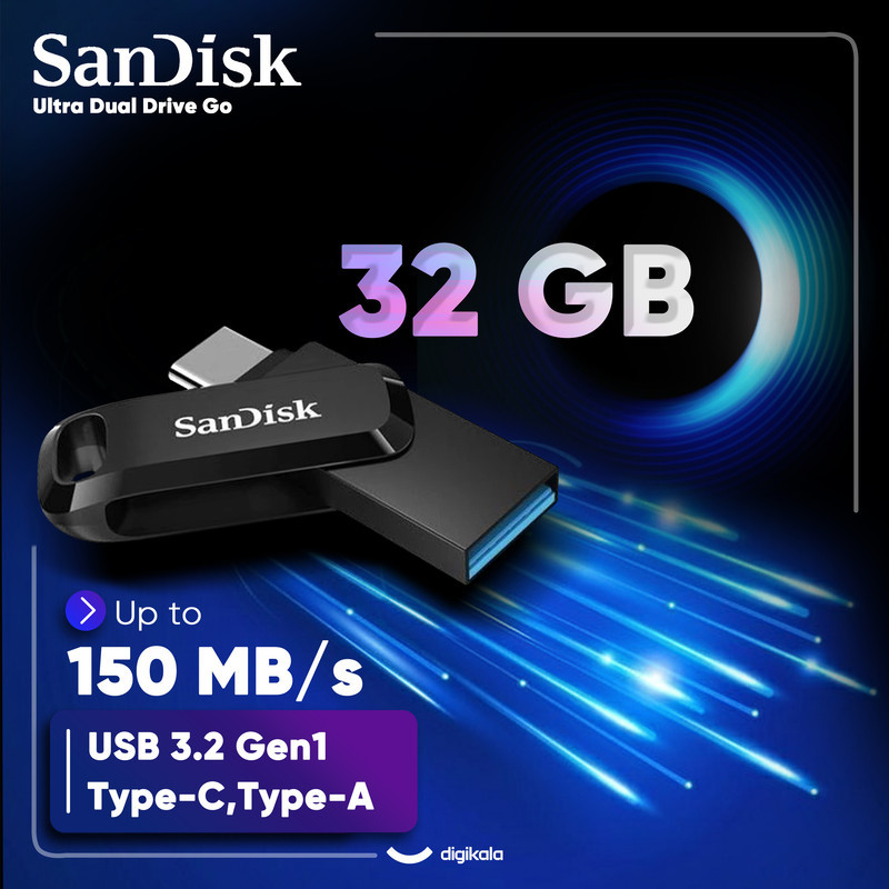 فلش مموری سن دیسک مدل Ultra Dual Drive Go ظرفیت 32 گیگابایت با دو رابط USB 3.2 و USB-C، سرعت خواندن 150 مگابایت بر ثانیه، بدنه فلزی، سازگار با گوشی، تبلت، کامپیوتر و مک