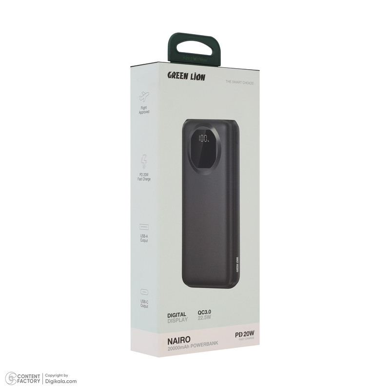 پاوربانک 22.5 وات گرین لاین مدل Nairo ظرفیت 20000 میلی‌آمپرساعت به همراه کابل تبدیل USB-A به USB-C