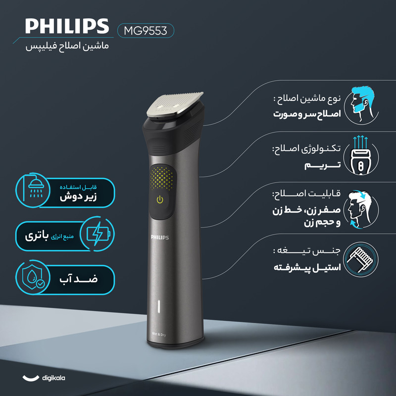 ماشین اصلاح موی سر و صورت فیلیپس مدل MG9553 با 45 تیغه، باتری 1200mAh، شارژ سریع USB، طراحی ارگونومیک، ضدآب برای استفاده زیر دوش و شانه قابل تنظیم دستی