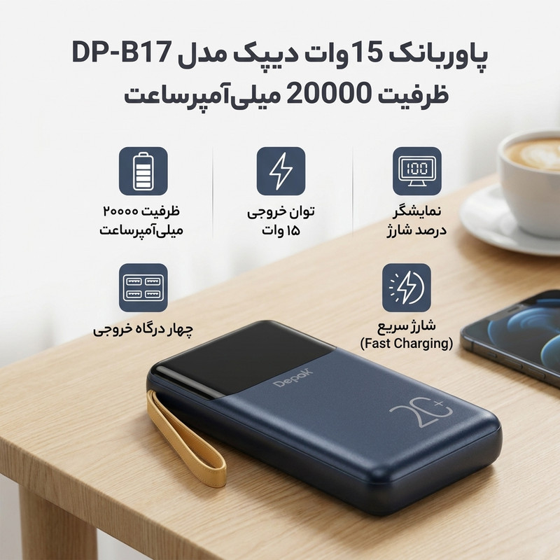 پاوربانک 15 وات دیپک مدل DP-B17 ظرفیت 20000 میلی‌آمپرساعت