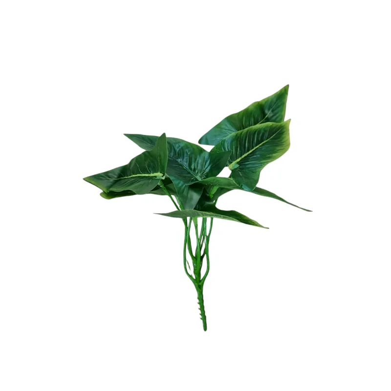 گل مصنوعی بوته برگ کالادیوم مینی با 7 برگ پلاستیکی، ابعاد 15x15x25 سانتی‌متر و وزن 20 گرم، اندازه هر برگ 10 سانتی‌متر