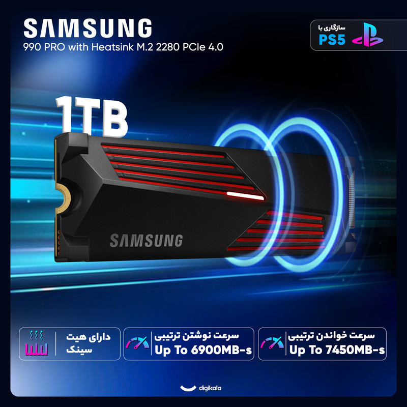 اس اس دی اینترنال PCIe Gen4 x4 سامسونگ مدل SSD SAMSUNG 990 PRO w Heatsink 1TB M.2 ظرفیت 1 ترابایت
