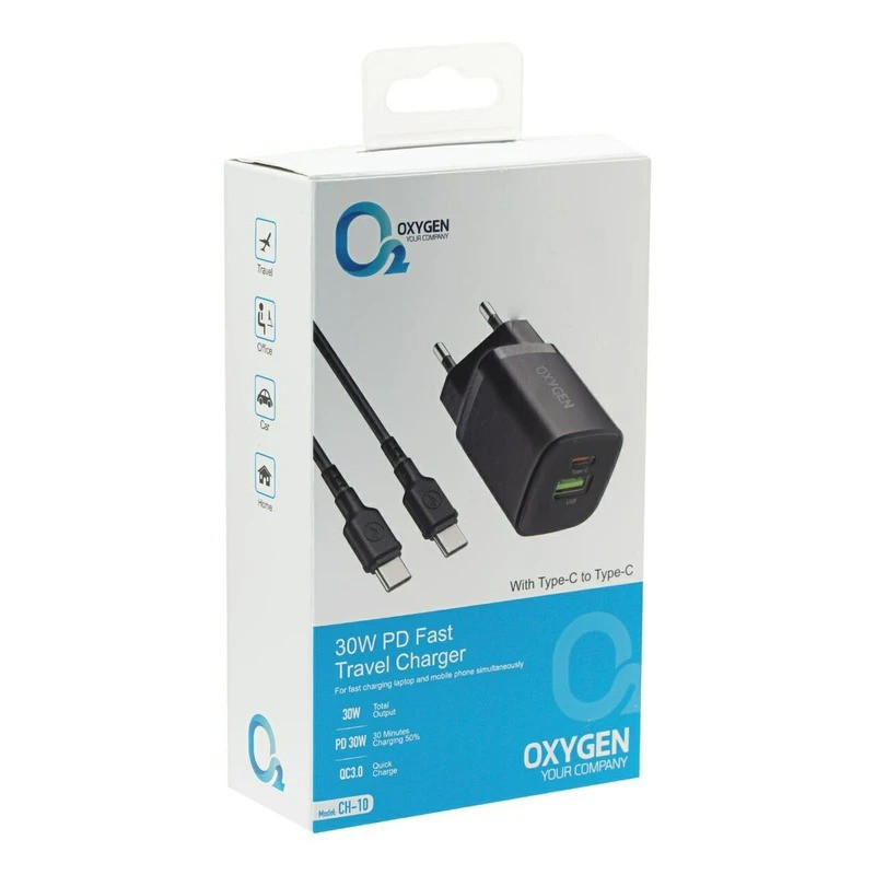 شارژر دیواری 30 وات دو پورت اکسیژن مدل CH-10 به همراه کابل USB-C