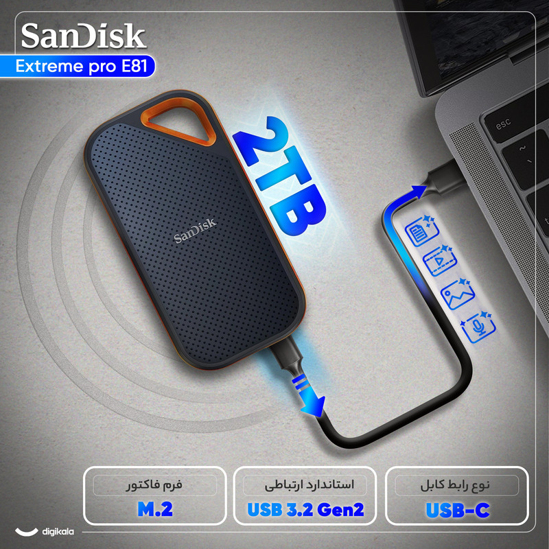 اس اس دی اکسترنال سن دیسک مدل Extreme PRO E81 ظرفیت 2 ترابایت رابط USB 3.2 Gen2