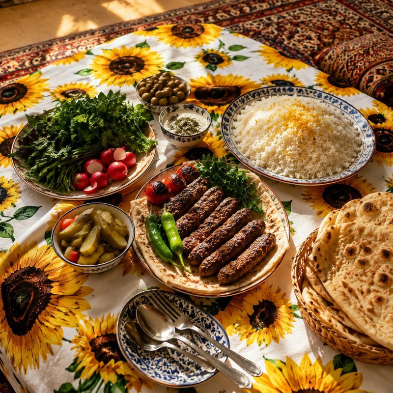 سفره 4 نفره مدل TCA090506 طرح گل آفتابگردان سایز 88×88 سانتی‌متر