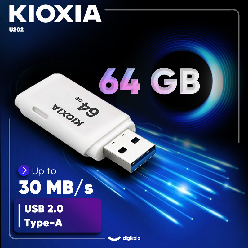 فلش مموری کیوکسیا مدل U202 ظرفیت 64 گیگابایت با رابط USB 2.0، بدنه پلاستیکی مقاوم، درپوش‌دار، سازگار با کامپیوتر، لپ‌تاپ، گوشی، تبلت و تلویزیون، پشتیبانی از Windows 11 و macOS نسخه 12 تا 15