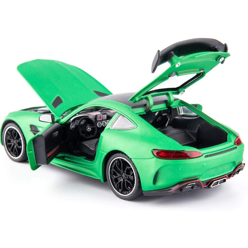 ماکت ماشین فلزی اسپرت BENZ AMG GT قابلیت دودزا با منبع آب، چراغ‌دار، موزیکال، فرمان‌پذیری چرخ‌های جلو، عقب‌کش، باتری قلمی، بدنه صیقلی و 6 درب بازشو