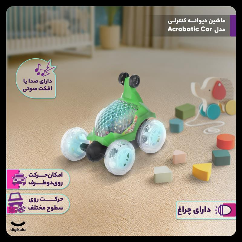 ماشین کنترلی مدل دیوانه با قابلیت حرکت 360 درجه، حرکت روی دو طرف و سطوح مختلف، دارای چراغ و افکت صوتی، بدنه پلاستیکی و 6 چرخ شفاف