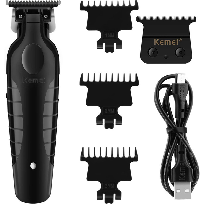 ماشین اصلاح مو سر و صورت کیمی مدل km-2299 شارژی با تیغه استیل پیشرفته، قابلیت صفر زن و خط زن، شارژ سریع 180 دقیقه و طراحی ارگونومیک به همراه تیغه یدک و محافظ تیغه