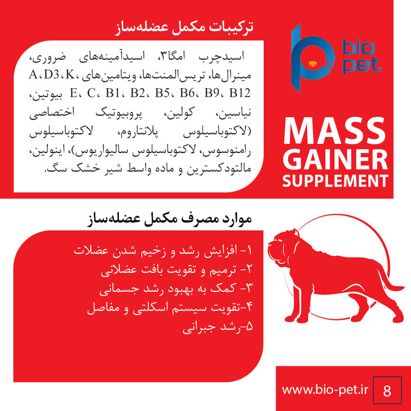 پودر مکمل سگ بایو پت مدل عضله‌ساز Mass Gainer وزن 400 گرم