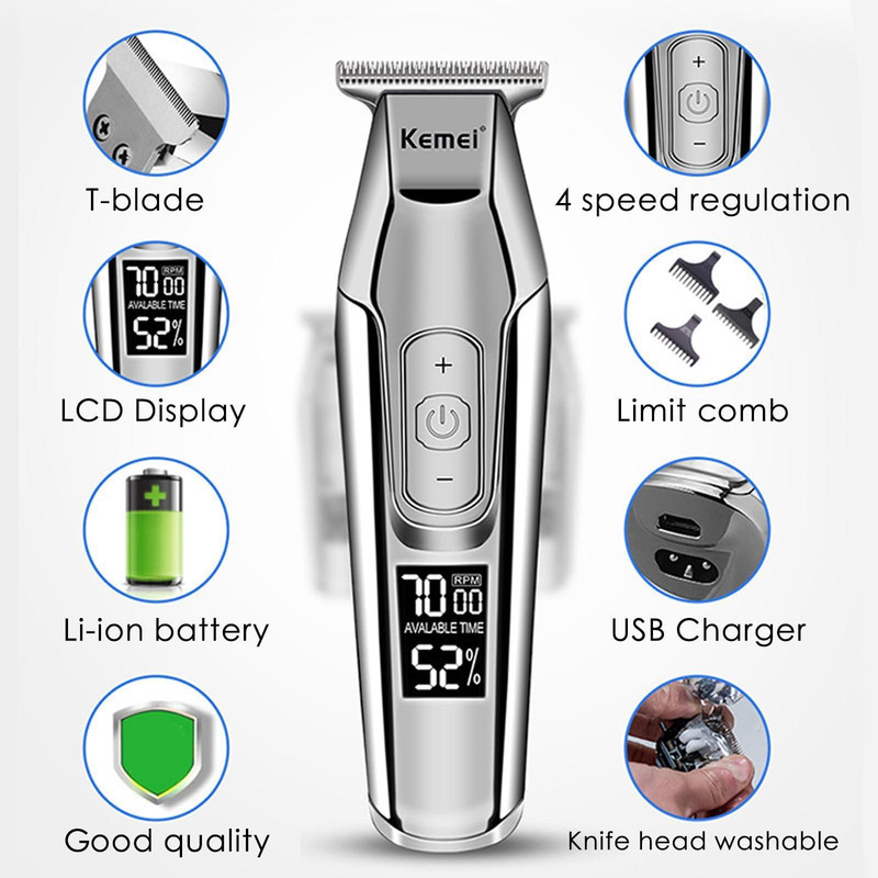 ماشین اصلاح موی سر و صورت کیمی مدل KM-5027 Professional با تیغه تیتانیوم پیشرفته، باتری لیتیوم یون 1400 میلی‌آمپر، شارژ تایپ‌سی، طراحی ارگونومیک و قابلیت استفاده خشک و مرطوب