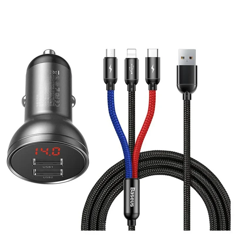 شارژر فندکی  باسئوس مدل Car Charger Suit-24W به همراه کابل تبدیل microUSB USB-C  لایتنینگ