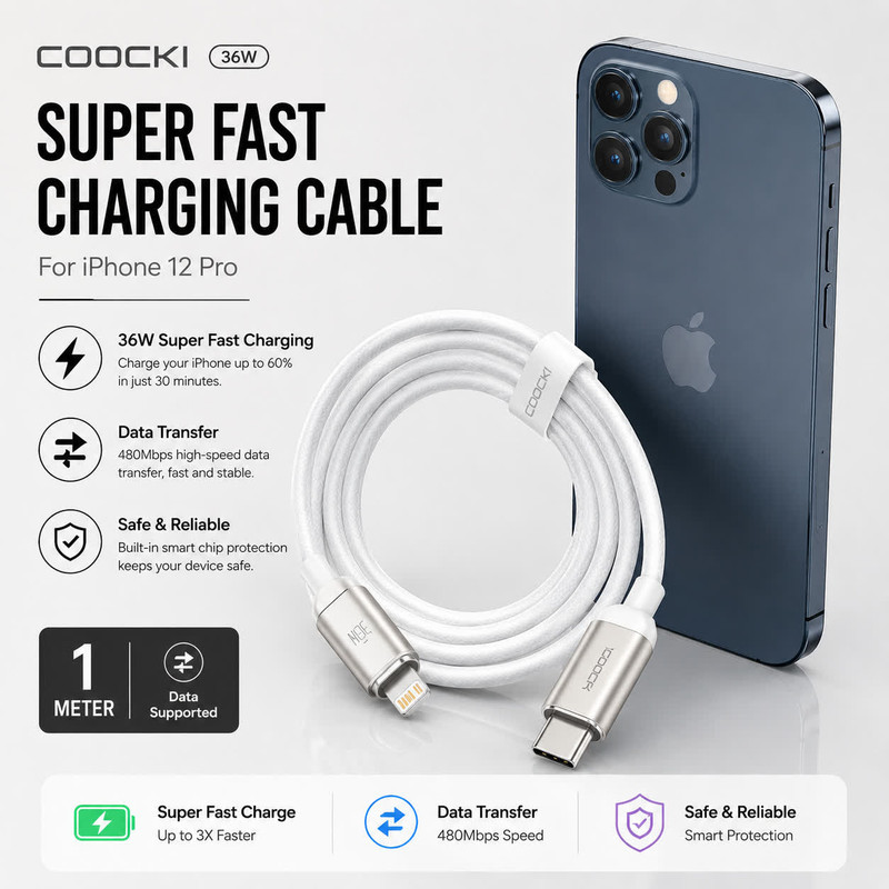 کابل تبدیل USB-C به لایتنینگ توکی مدل iphone-12 pro با طول ۱ متر