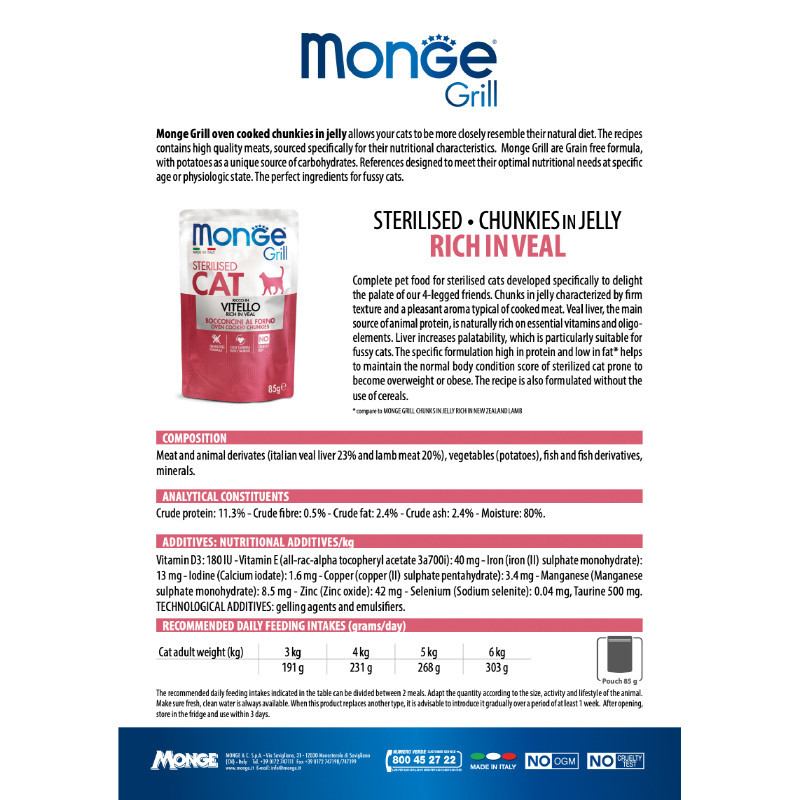 پوچ گربه بالغ عقیم شده مونژه مدل Monge Grill Sterilised Chunkies in Jelly با طعم گوشت گوساله وزن 85 گرم