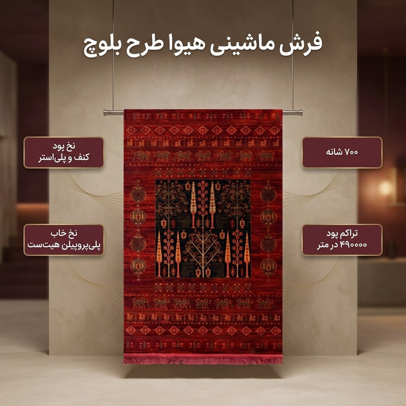 فرش ماشینی هیوا طرح بلوچ کد 3-219 زمینه لاکی
