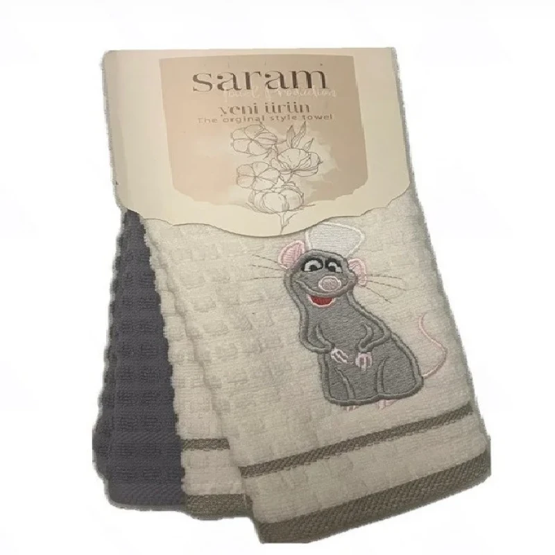 ست حوله و دستمال خانه و آشپزخانه حوله ای سارام طرح موش بسته 2 عددی
