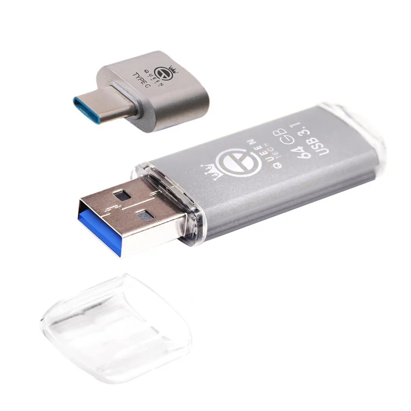 فلش مموری 64 گیگابایت کوئین تک مدل QUICK CPLUS با رابط USB 3.1 Gen1، بدنه فلزی درپوش‌دار، سرعت انتقال 15 مگابایت بر ثانیه و مبدل USB-C سازگار با موبایل، تبلت، کامپیوتر و تلویزیون