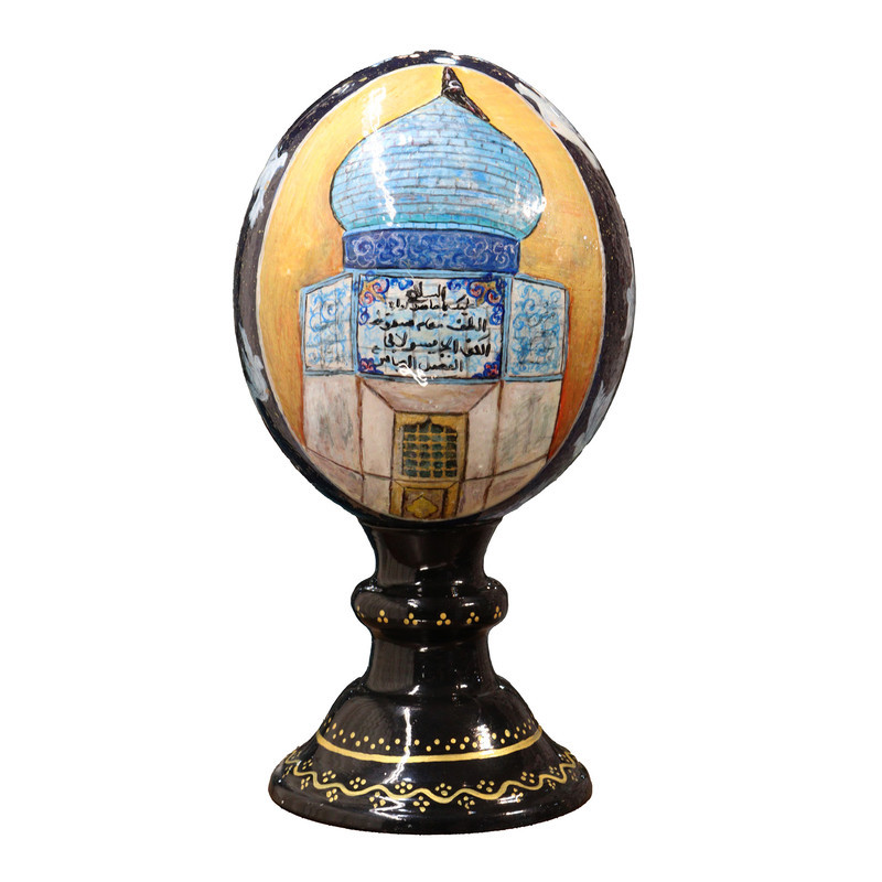 تخم شترمرغ تزیینی صنایع دستی فاخر مدل پایه بلند طرح قمر منیر بنی هاشم (ع) کد Black2413