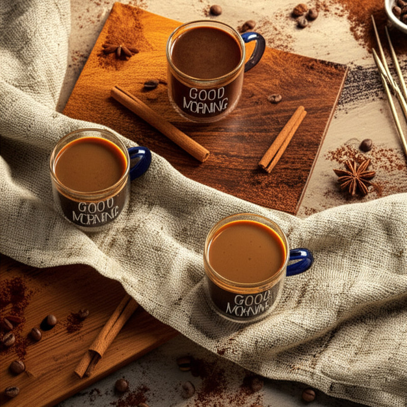 فنجان مدل شات قهوه پیرکس دسته رنگی طرح GOOD MORNING
