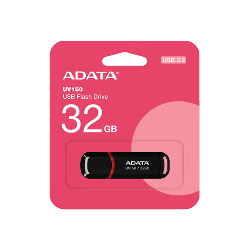 فلش مموری ای دیتا مدل UV150 ظرفیت 32 گیگابایت با رابط USB 3.2 Gen1، سرعت خواندن 90 مگابایت بر ثانیه، سرعت نوشتن 40 مگابایت بر ثانیه، طراحی درپوش‌دار و سازگار با ویندوز، مک و لینوکس