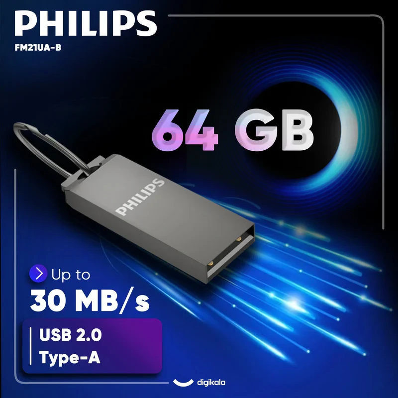 فلش مموری 64 گیگابایت فیلیپس مدل FM21UA-B با رابط USB 2.0، سرعت خواندن 30 و نوشتن 15 مگابایت بر ثانیه، سازگار با ویندوز، مک و لینوکس، بدنه ضد خش و ضد اثر انگشت