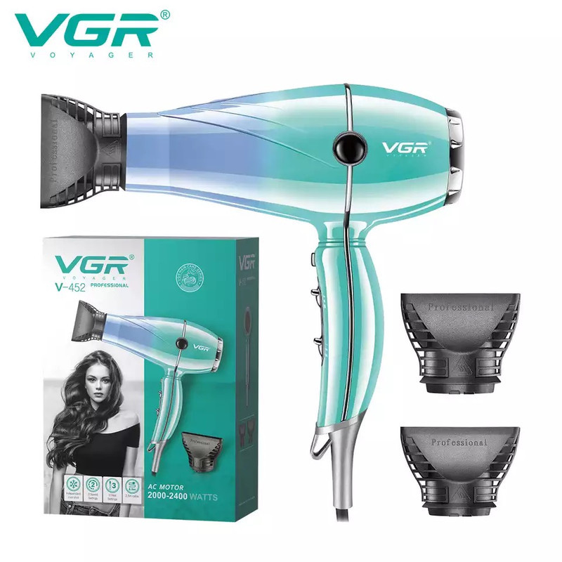 سشوار حرفه‌ای 2000 وات وی جی ار مدل V-452، موتور AC، وزن 900 گرم، دارای سری متمرکز‌کننده باریک با ویژگی صاف‌کنندگی، حجم‌دهندگی، با قابلیت باد سرد