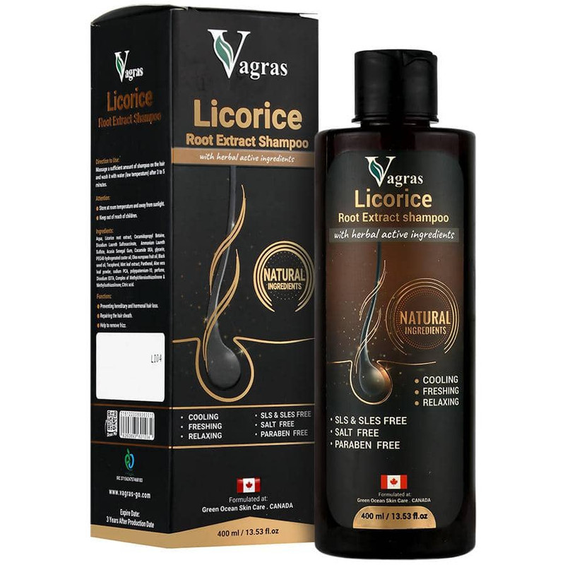 شامپو تقویت کننده و ضد ریزش مو واگراس مدل licorice مناسب موهای آسیب دیده حجم 400 میلی لیتر