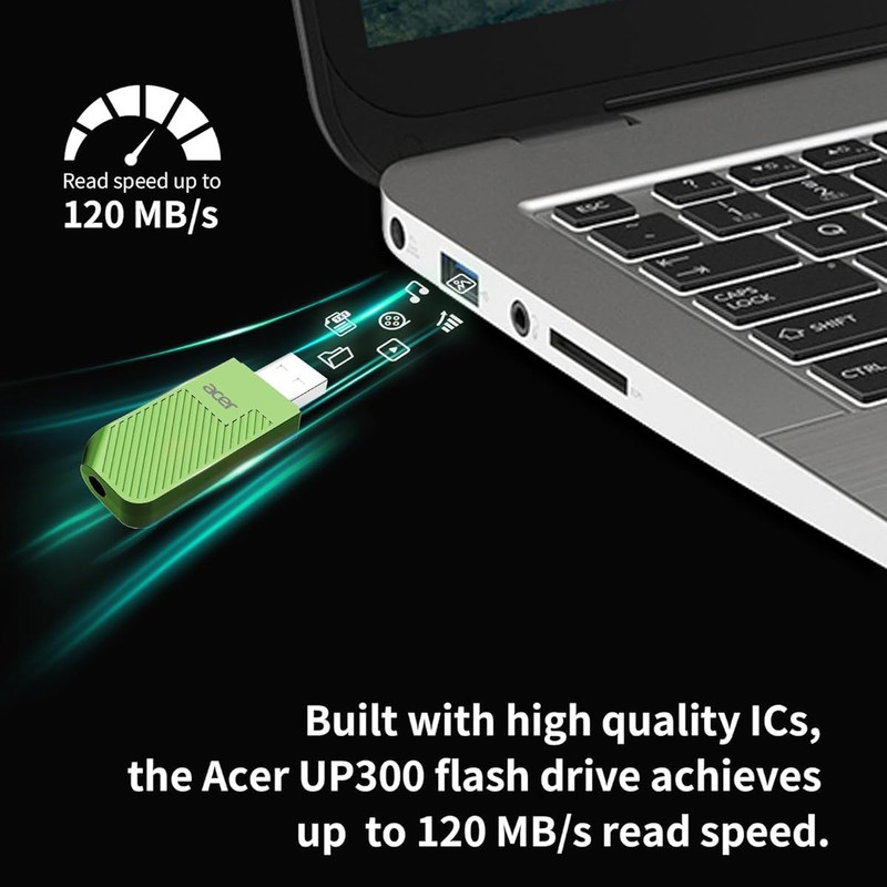 فلش مموری ایسر مدل UP300 ظرفیت 32 گیگابایت، رابط USB 3.2 Gen1، سرعت خواندن 120 مگابایت بر ثانیه، بدنه سبک و مقاوم، سازگار با ویندوز، مک و لینوکس، مناسب انتقال سریع و ذخیره‌سازی داده‌های حجیم