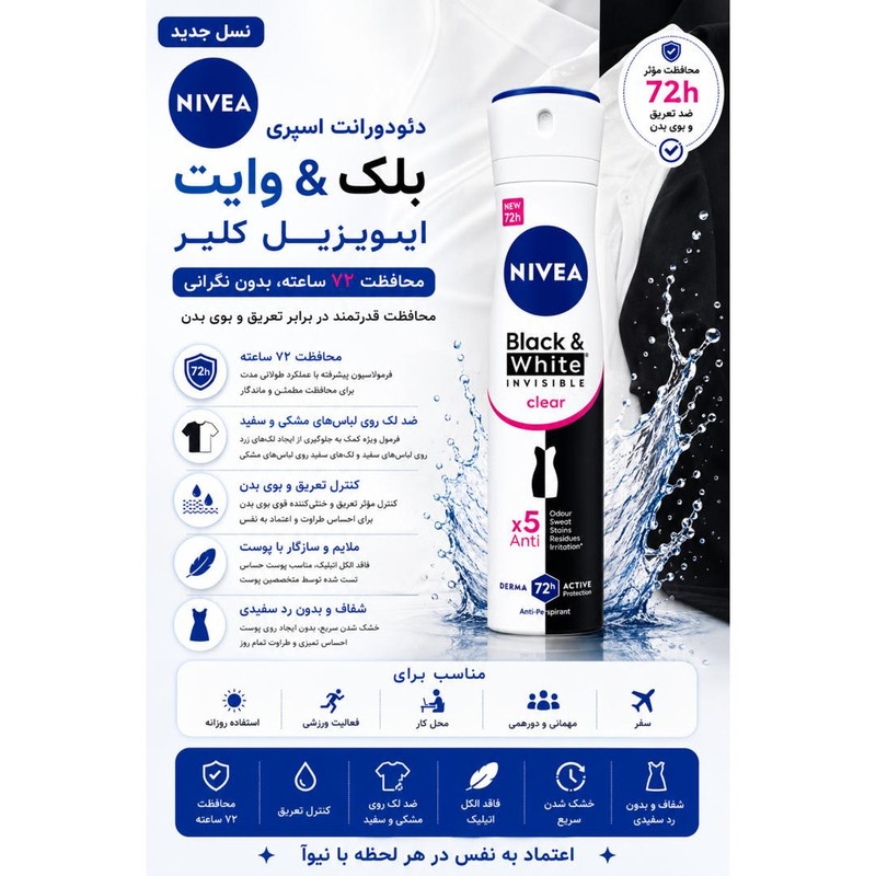 اسپری ضدتعریق زنانه نیوآ مدل 48H Black White Invisible Clear حجم 200 میلی‌لیتر