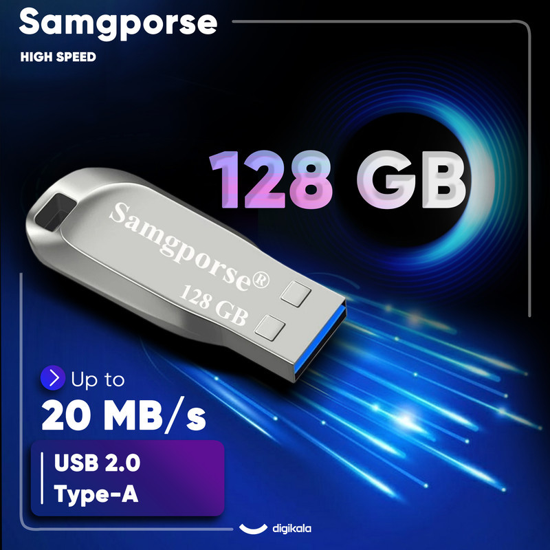 فلش مموری فلزی سمگپرس مدل HIGH SPEED ظرفیت 128 گیگابایت با رابط USB 2.0، سرعت خواندن 20 مگابایت بر ثانیه، طراحی بدون درپوش و شیار اتصال بند، سازگار با تمامی سیستم‌عامل‌ها و دستگاه‌های موبایل، کامپیوتر، لپ‌تاپ و تلویزیون